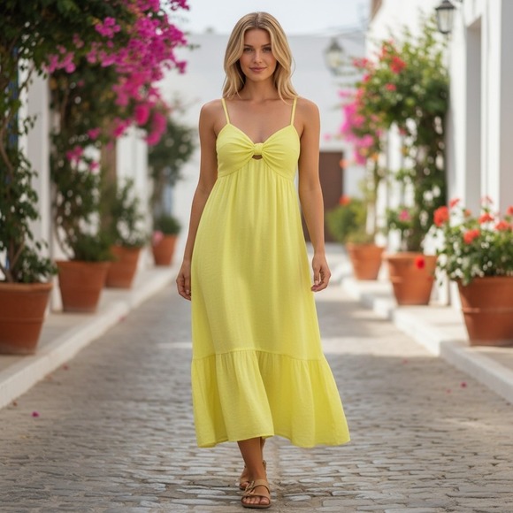 Banana Republic Dresses & Skirts - Banana Republic Linen Tiered Maxi Dress Womens 4 Yellow Smocked Resortwear Chic
